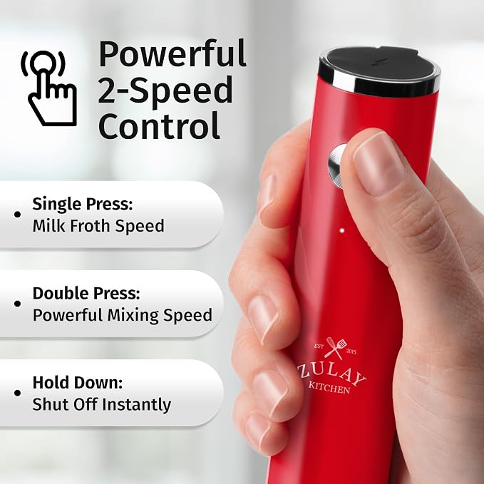 Zulay Kitchen Rechargeable Milk Frother Handheld - Frother Wand, Drink Mixer, Electric Whisk Frother, for Cappuccinos, Matcha & Protein Powder - Lux Double Whisk 2 Speed Waterproof 2000mAh Red