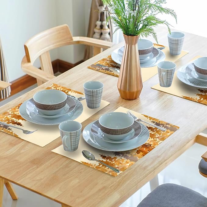 Fall Forest Placemats Set of 4 18x12 Inch Autumn Tree Linen Place Mats Heat-Resistant Washable Wipeable Orange Pine Tree Table Mat for Party Kitchen Dining Room Dinner Table Decor
