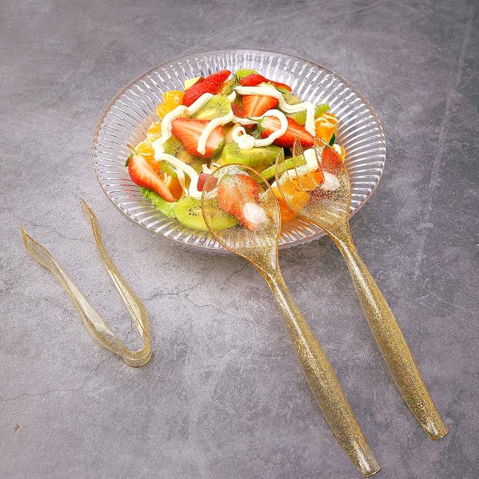 72pcs Gold Glitter Plastic Serving Utensils Set for Party &Buffet | 24 Serving Spoons(10"), 24 Forks (10")& 24 Tongs(6"), Clear Gold Disposable Serving Utensils for Weddings, Birthdays
