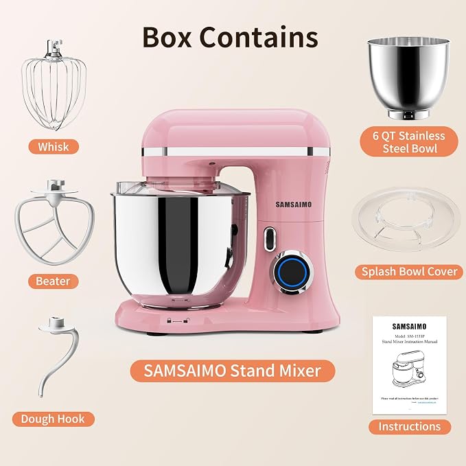 Stand Mixer, 6.5QT Tilt-Head Electric Kitchen Mixer 660W, 10-Speed Household food mixer with 304 Stainless Steel Bowl, Bread Cake Mixer include Dishwasher Safe Dough Hook, Beater and Whisk