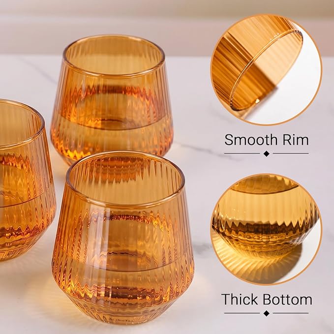 Amber Stemless Wine Glasses Set of 6, 12.5 Oz Lead-Free Ribbed Drinking Glass Cup for Wine, Cocktails, Champagne and Whiskey, Ideal Gifts for Weddings, Bars, Christmas, Halloween,Party, Daily Use