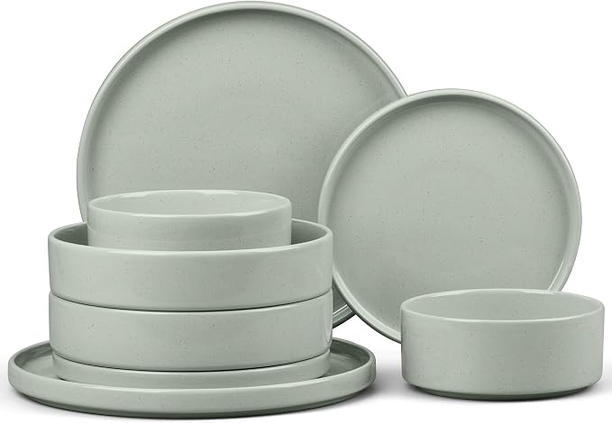 E-far 8-Piece Stoneware Dinnerware Sets with Pasta Bowls, Green | Plates and Bowls Sets for 2, Microwave & Dishwasher Safe Kitchen Modern Dish Set, Speckled Green