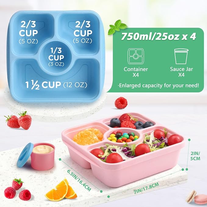 QQKO Bento Snack Box Containers for Adults Kids, 4 Pack Lunchable Meal Prep Containers Reusable, Stackable Bento Lunch Box, Food Storage Prep Containers with 4 Sauce Cups, Pastel Color, White Lid