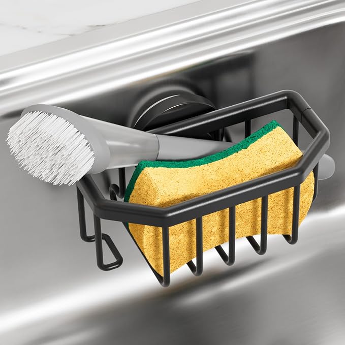 TAILI Sponge Holder for Kitchen Sink with Suction Cup-Black Aluminum | Rustproof Aluminum Sink Caddy for Sponges,Brushes,Stoppers & Scrapers,Removable Ventilated Quick-dry Design, holds Up 11lbs