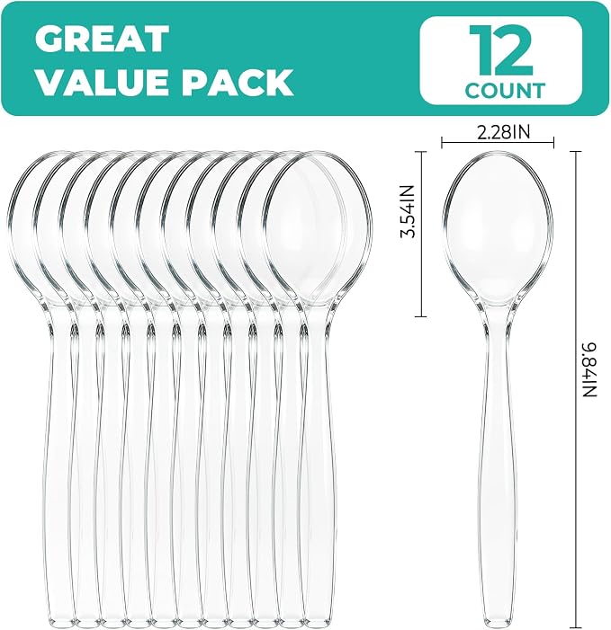 CXPSINC 12 Count Clear Plastic Serving Spoons, 10" Disposable Heavy Duty Plastic Serving Utensils for Catering Weddings Parties Buffets Events and Stock Your Home (Clear, 12PCS Spoons)