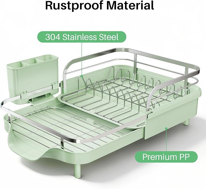 SNTD Expandable Dish Drying Rack for Kitchen Counter, 15.2-22.1 in, Green | Rust-Resistant Stainless Steel, Protective Side Rails, Self-Draining Drainboard, Removable Utensil Holder