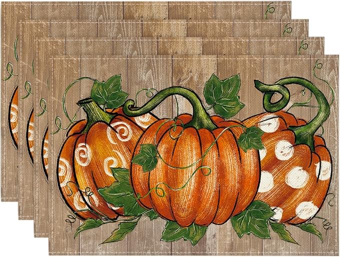 Artoid Mode Polka Dot Pumpkins Vine Thanksgiving Placemats Set of 4, 12x18 Inch Seasonal Fall Table Mats for Party Kitchen Dining Decoration | Heat-Resistant Table Mats, Washable Seasonal Autumn Kitchen Dining Decor