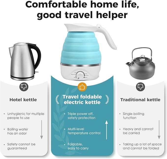 Travel Foldable Electric Kettle - 110V 700ml Collapsible Kettle Blue | 850W Small BPA-free Tea Pot for Camping Food Grade Silicone Travel Electric Collapsible Kettle for Tea & Coffee