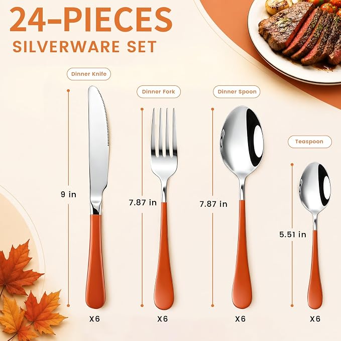 Orange Silverware Set with Holder for 6-24 Piece Stainless Steel Flatware Set with Spoons, Forks, Knives, Heavy Duty Mirror Polished Cutlery Set for Home, Kitchen, Restaurant
