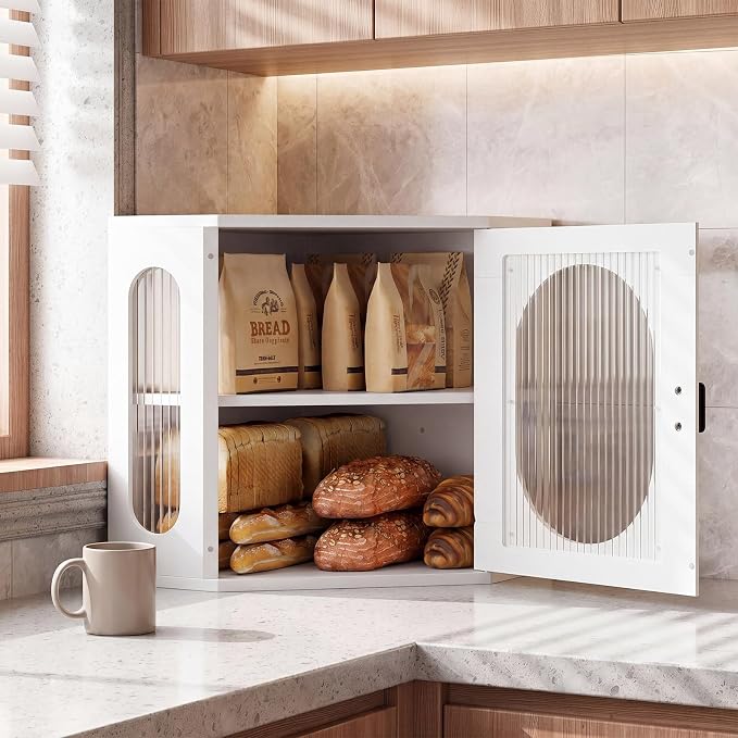 Alpeir Corner Bread Box for Kitchen Countertop, 3 Adjustable Height, White | Solid Pine Wood, Hold 2 Loaves, Strong Acrylic Window, Easily Care, Farmhouse Pantry Container for Home Baker, Family of 4