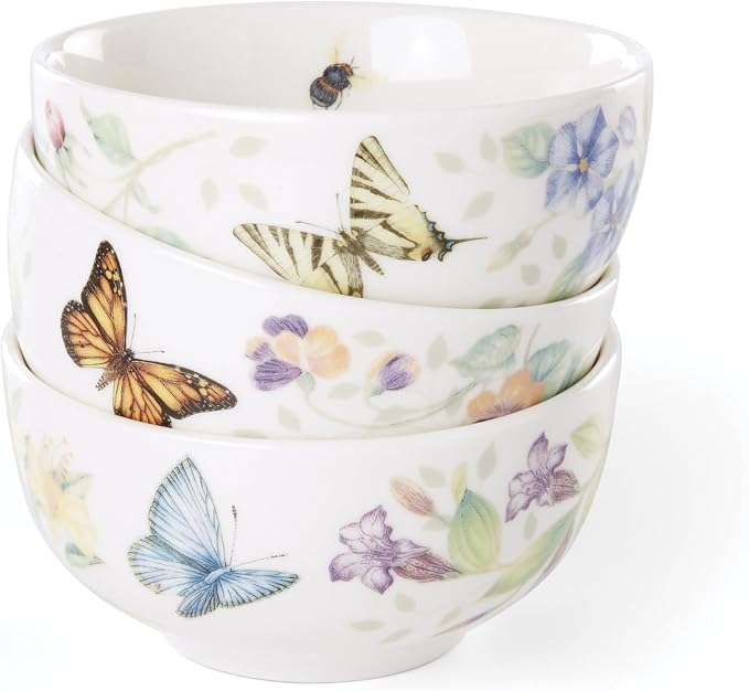 Lenox Butterfly Meadow Porcelain 3-Piece Mini Bowl Set for 1, 8oz | dishwasher safe | plates and bowls sets for kitchen and dining | 8oz capacity, . inch diameter, gift for women