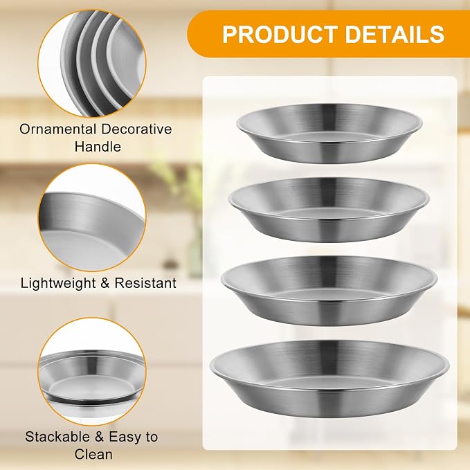 4 Pcs Stainless Steel Pie Pan Set, Pizza Pan Deep Pie Dish Pie Plate Baking Tray Dishes for Pizza Baking Serving Oven Grill, 4 Sizes
