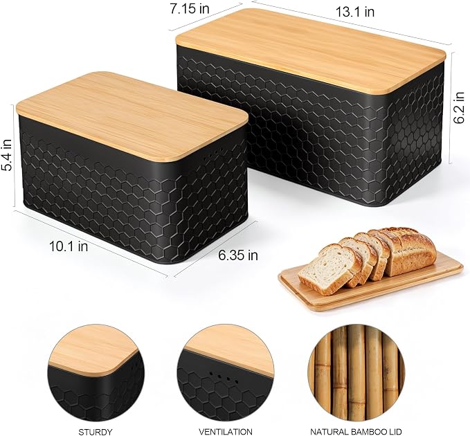 Metal Bread Box Set of 2 with Bamboo Lid, Modern Bread Storage Containers with Air Vents, Bamboo Cutting Board Lid, Farmhouse Kitchen Decor Organizer for Countertop, 2-Size,Embossed Black