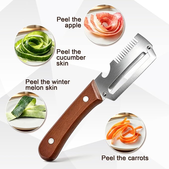 Vegetable Peeler with Wooden Handle, 3-in-1 Stainless Steel Julienne Peelers for Kitchen, Scallion Shredder & Built-in Bottle Opener, Fruit Potato Carrot Pumpkin Peeling Tool, 3 Pack