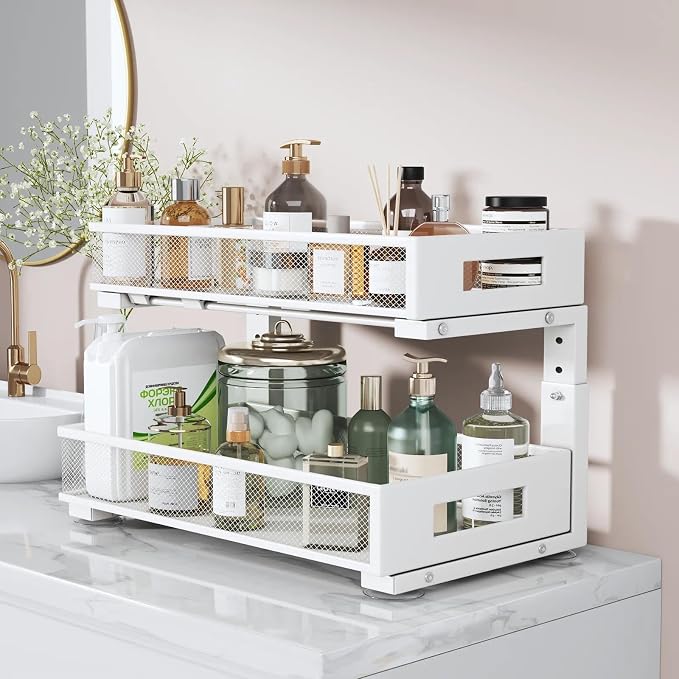 2 Packs 19IN Depth Under Sink Organizer, 2-Tier Pull Out Cabinet Organizer With Smooth Circular Rail, Large Capacity Metal Mesh Sliding Drawers For Bathroom& Kitchen Storage,Height Adjustable –White