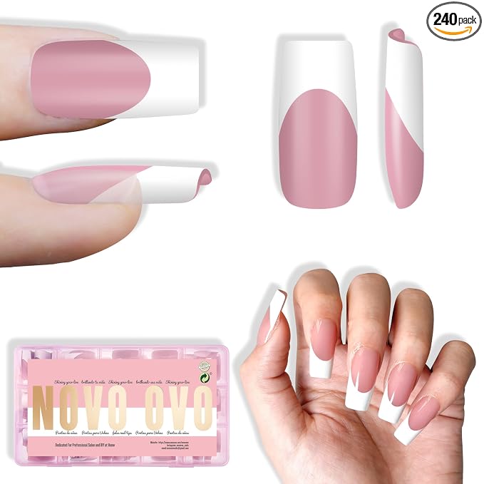 NOVO OVO White French Tip Medium Square Nail Tips Press on BERRY PINK, Extra Thick Soft Gel Fake Nail Acrylic Extension, Need Builder Gel Top Coat, No Glue Included, for Salon DIY 15 Sizes x 240 pcs
