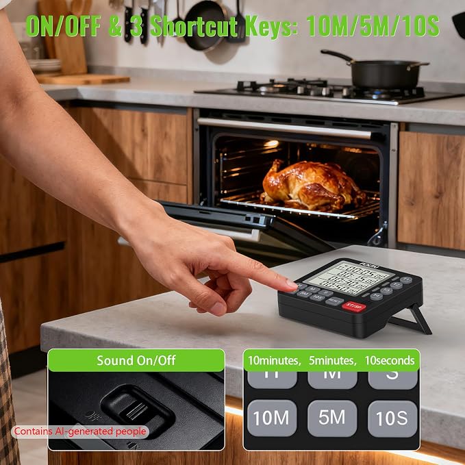 Digital Dual Kitchen Timer, Multi-Channel Triple Countdown for Cooking | 4Groups Independent Countup Timer,Magnetic Back,Memory Presets,On/Off,Large Display, LED Alert, 3A Battery & Stand Included