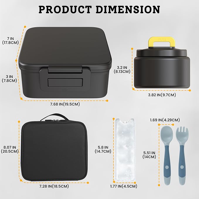 MAISON HUIS Bento Lunch Box with 8oz Soup Thermo and Insulated Lunch Bag, Kids Leakproof Lunch Food Containers with 5 Compartment, Boys Girls Thermo Hot Food Jar for Travel, School, BPA Free (Black)