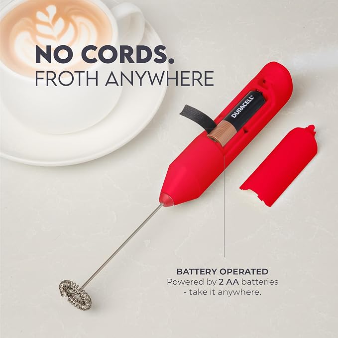 Zulay Kitchen Powerful Milk Frother Wand - Handheld Stainless Steel - Battery Operated Drink Mixer for Coffee, Lattes, Cappuccino, Matcha - Froth Mate Frother Gift - Apple Red