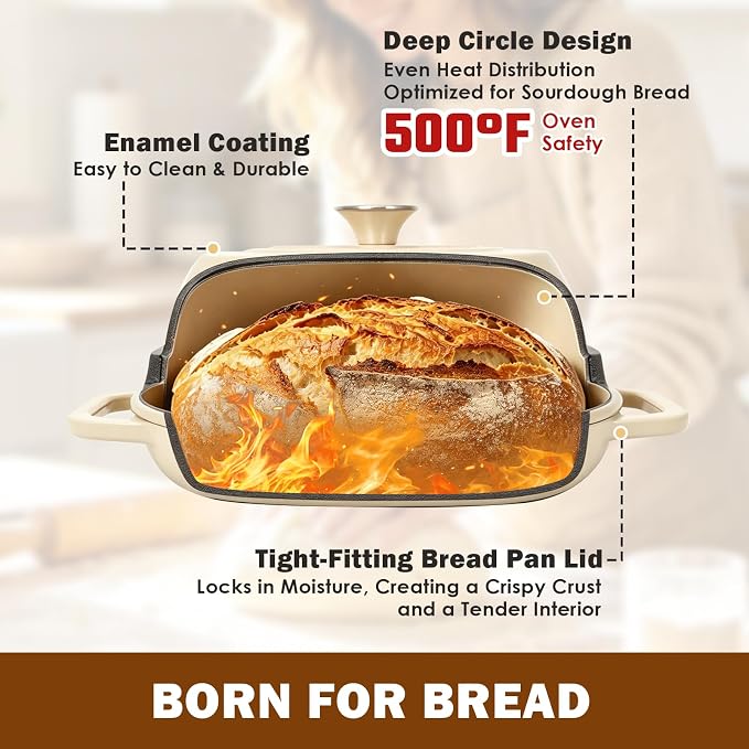 Wdmiya Dutch Oven for Sourdough Bread Baking, Shallow Base & Dome Lid 5 QT | Enameled Cast Iron Bread Baker for Batards & Boules, Easy-Clean Enamel, 500°F Oven Safe, Cream White, 11.5" x 7.8"
