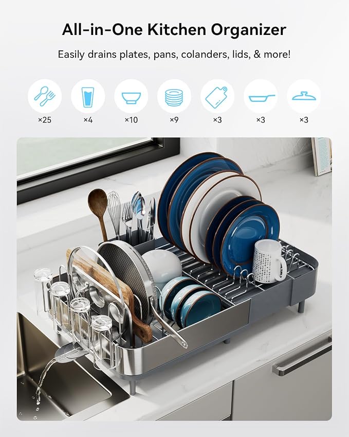 Expandable Dish Drying Rack, Versatile Brackets for Pots & Pans, Space Saving Kitchen Drying Rack, Dish Racks for Kitchen Counter, Stainless Steel Dish Drainers with Extendable Spout, Gray