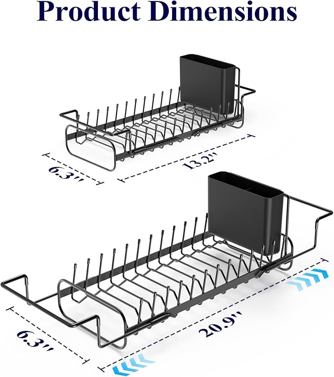 Kitsure Expandable Dish Rack for Kitchen Counter, Medium, Black | Over Sink Or In Sink Dish Drying Rack, Dish Drainer with Cutlery Holder & Drip Tray, 14.0"-20.9"L x 6.3"W x 8.0"H