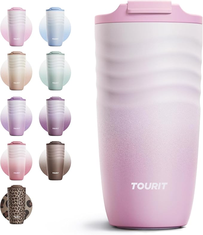 TOURIT 16 oz Insulated Travel Coffee Mug Stainless Steel Tumbler, Pink | Vacuum insulated travel mug with ripple-wave anti-slip grip, leakproof lid & silicone bottom, fits standard car cup holders