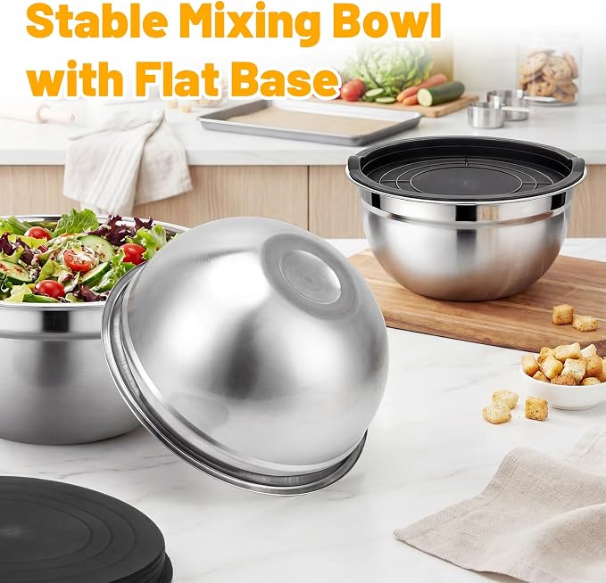 Beasea Mixing Bowls with Lids Set of 3, 1.5/2.5/4 QT Stackable Stainless Steel Nesting Mixing Bowls with Lids for Baking, Meal Prepping, Kitchen Food Serving, Storing
