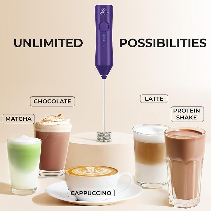 Zulay Kitchen Rechargeable Milk Frother Handheld - Frother Wand, Drink Mixer, Electric Whisk Frother, for Cappuccinos, Matcha & Protein Powder - Dynamic Triple Whisk, 3 Speed 500mAh Purple