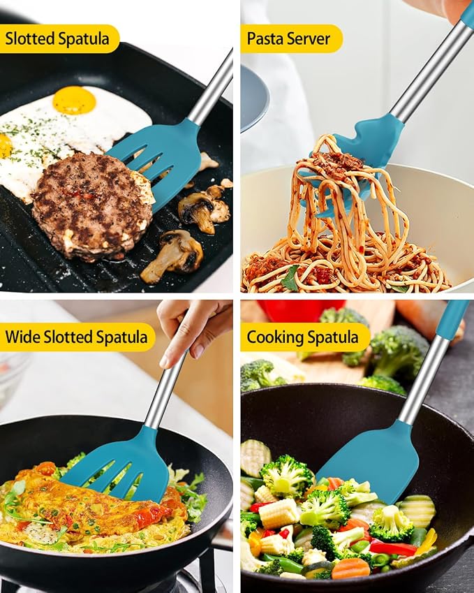 Silicone Cooking Utensils Set, 8 Pcs Kitchen Utensils with Holder, Blue | BPA Free and Heat Resistant, Kitchen Tools for Non Stick Cookware include Spatulas, Turners, Spoons, Skimmer and Pasta Fork