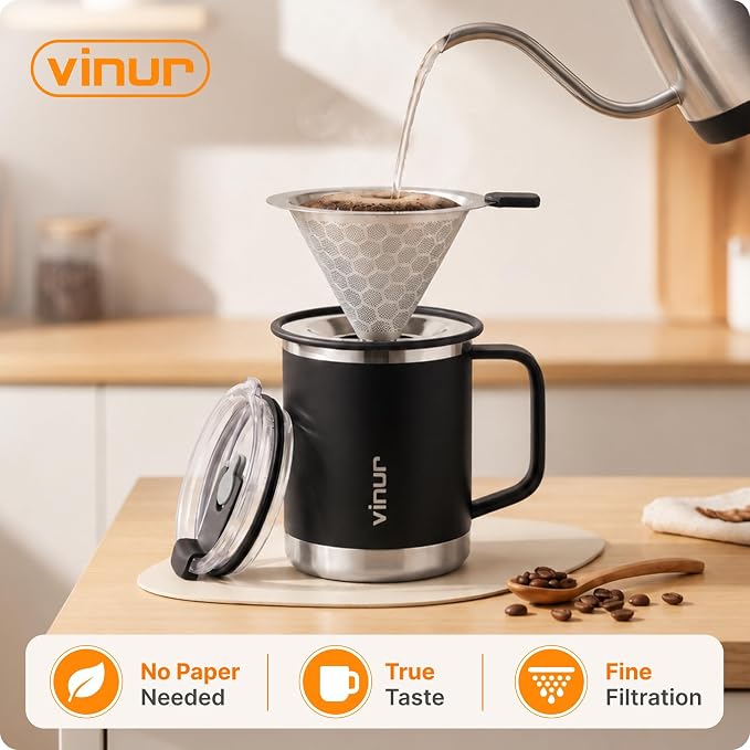 Pour Over Coffee Maker-12 oz Insulated Mug With Stainless Steel Filter | Stainless Steel Vacuum Insulated Coffee Maker With Stainless Steel Filter for Home, Camping, Gift for Men & Women (Black)