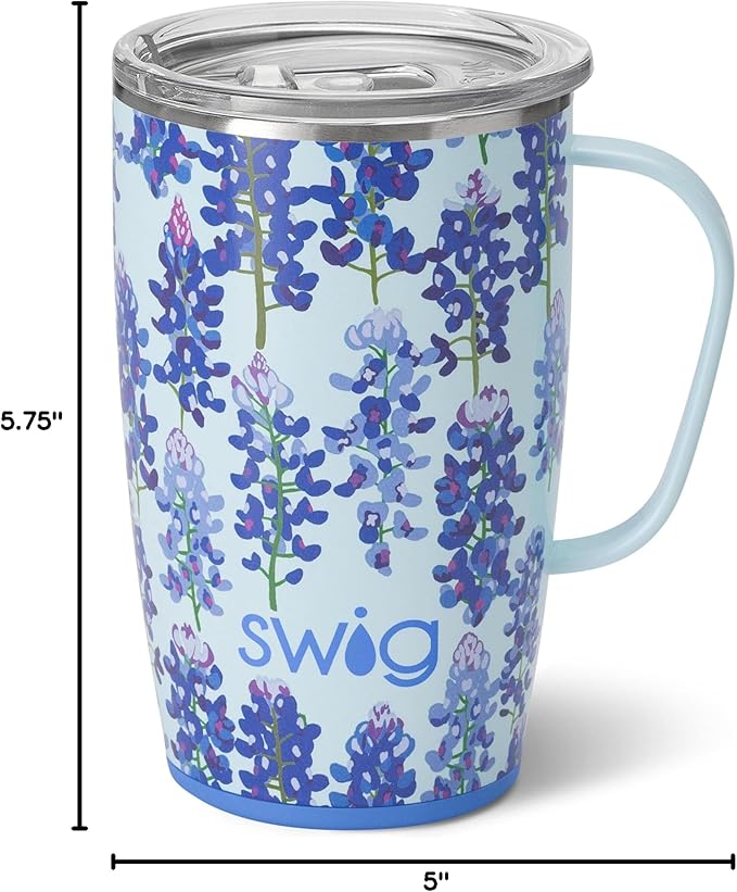 Swig Life 18oz Insulated Travel Mug with Handle & Lid, Bluebonnet | Triple Insulated Stainless Steel - Handle & Lid Included - Keeps Coffee Hot or Cold - Cup Holder Friendly