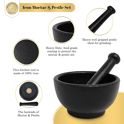 New Age Imports, Inc. Cast Iron Mortar & Pestle Set 3.5 Inch, Heavy Duty, Black
