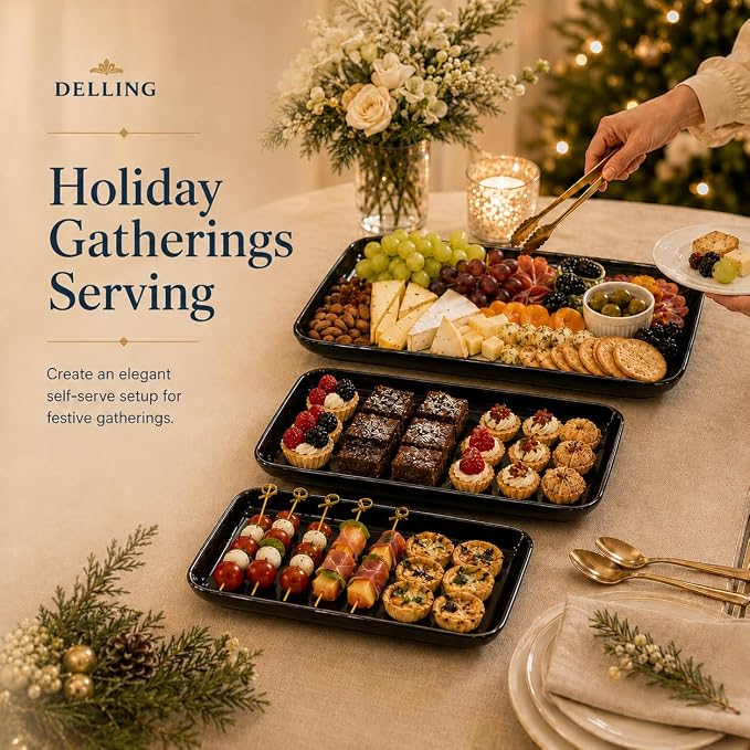 DELLING Large Serving Platter Set of 3, 16/14/12 Inch Porcelain Serving Trays for Party - Black Ceramic Rectangular Platters for Entertaining,Platter for Thanksgiving Christmas, Dishwasher Oven Safe