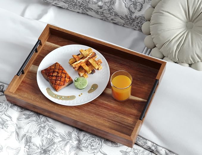 Fibogollo Acacia Wood Set of 2 Serving Tray with Metal Handles,Ottoman Decorative Trays Platter for Coffee Table,Living Room,Bar,Party