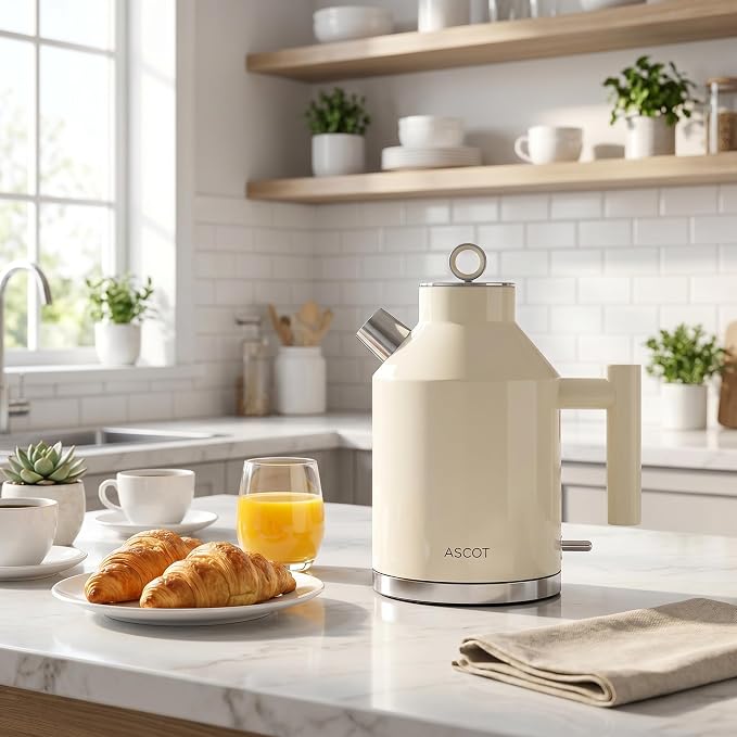 ASCOT Electric Kettle, 1.5L Stainless Steel Interior, Plastic-Free, 1500W Fast Boil, Retro Design, Auto Shut-Off & Boil-Dry Protection, Cream