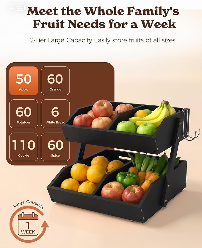 2-Tier Bamboo Fruit Basket with 2 Banana Holders Black | Large tiered organizer for bread, snacks, veggies. Sturdy bamboo, includes mats & dividers. Easy to assemble.