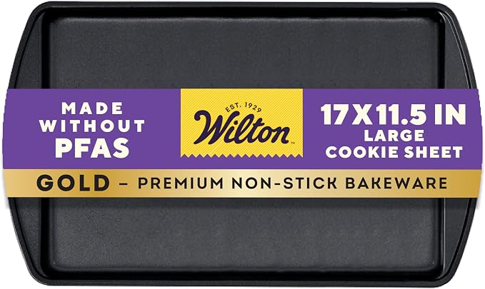 Wilton Gold Non-Stick Large Cookie Sheet, Made Without PFAS, 17.25x11.5 in. | Non-Stick Steel with Scratch-Resistant Coating, Resists Warping & Extended Handles, Dishwasher Safe, Perfect for Cookies