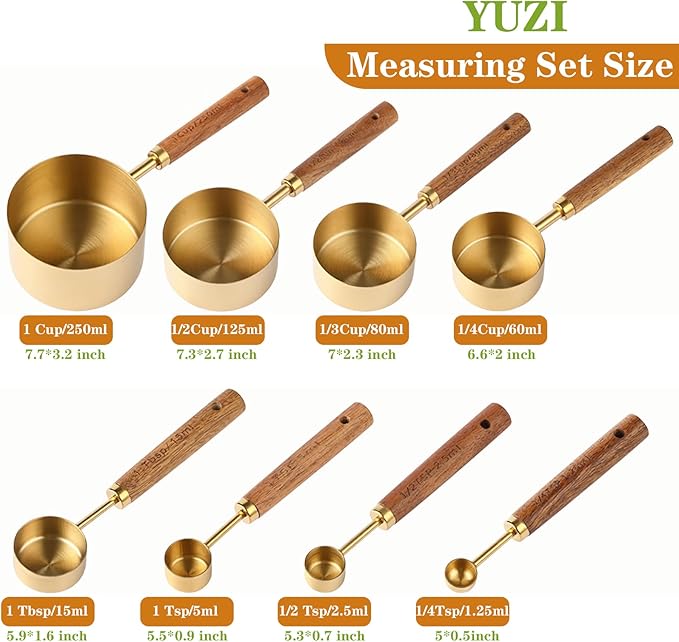 8Pcs Measuring Cups and Spoons Set - Golden Stainless Steel Measuring Cups with Wooden Handle, Metal Measuring Spoons Set Nesting Kitchen Measure Set for Kitchen/Food/Baking (8Pcs Wooden Handle)