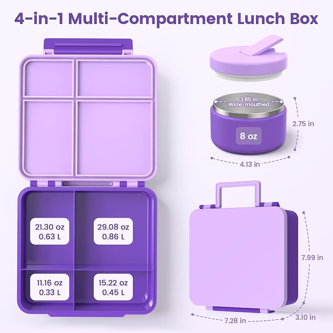 LOHASOK Bento Lunch Box for Kids with 8oz Soup Thermo, Purple | 4-Compartment, Leak-Proof Lunch Containers with Insulated Food Jar and Silicone Foldable Spoon Fork