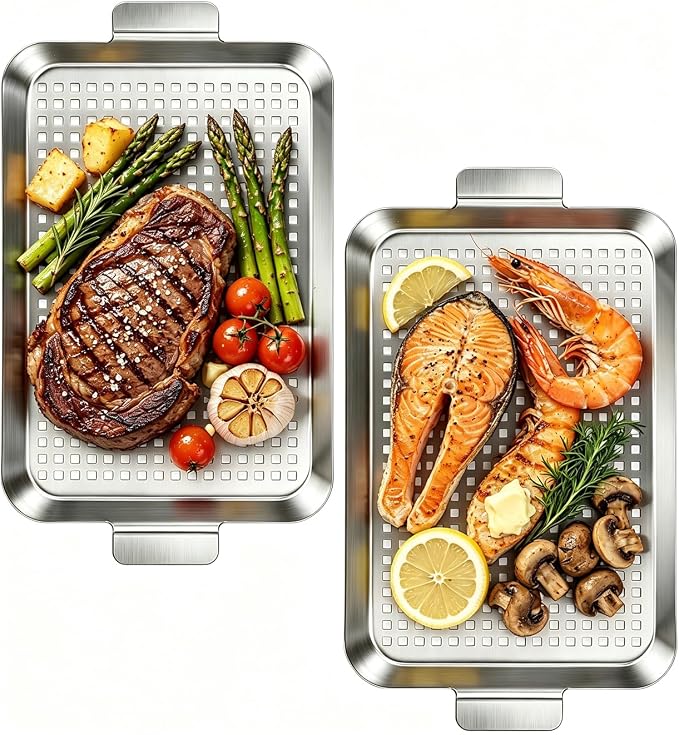 2PCS Grill pan, BBQ Grill Topper for Outdoor Grill with Hole, Stainless Steel, suitable for picnicking, camping, yard (2 pieces)