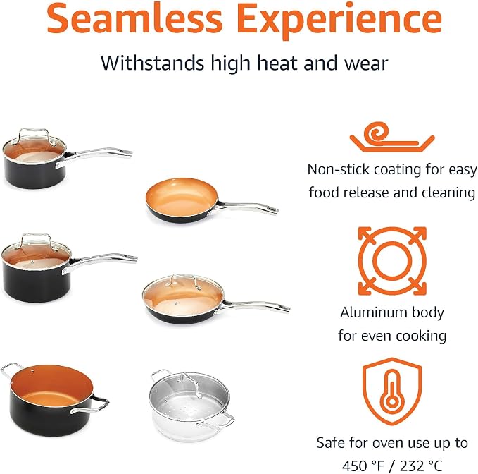 Amazon Basics Ceramic Nonstick Cookware Set, Induction Ready, Dishwasher & Oven Safe, Even Heating, 10-Piece Set with Frying Pans, Saucepans, Glass Lids, Copper Color