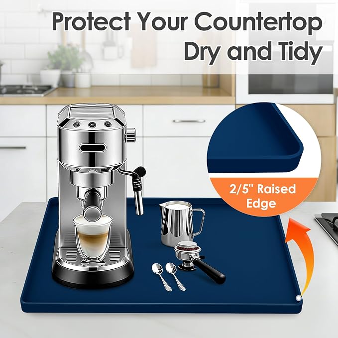 Silicone Coffee Maker Mat with Lip for Countertops, 15.7''x11.8'' Navy Blue | Multi leak-proof coffee tray for countertop, non-slip silicone mat fits most coffee makers & espresso machines, wipe-clean