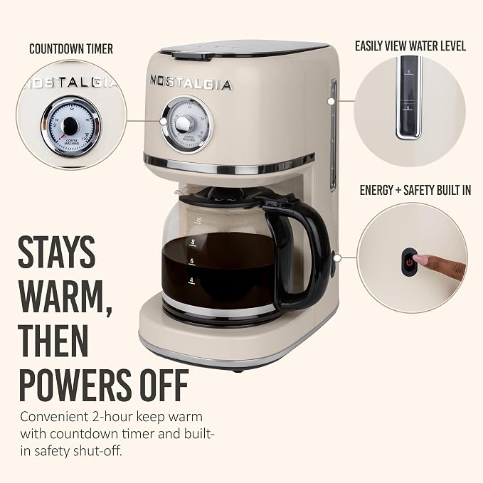 Nostalgia Classic Retro 10 Cup Coffee Maker - One-Touch Drip Brew, Reusable Filter - Anti-Drip, Auto Shutoff, & Time Display - Dishwasher Safe 50 oz Carafe - Cream
