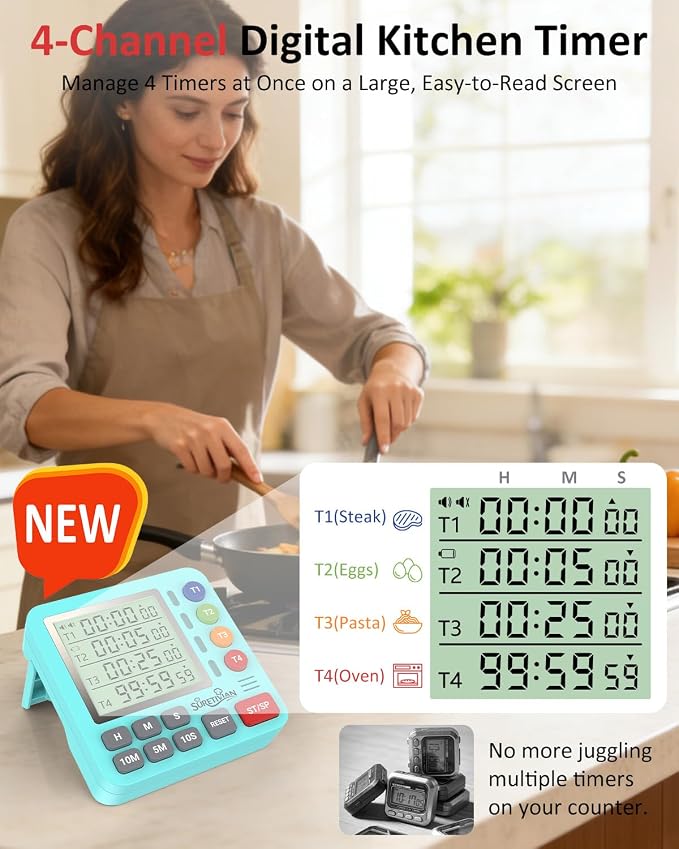 Digital Kitchen Timer with 4 Channel, Loud Alarm and Silent Mode | Magnetic Cooking Timer with Count Up & Countdown for Kids and Seniors, Large Display to Read, Auto Memory, Battery Included
