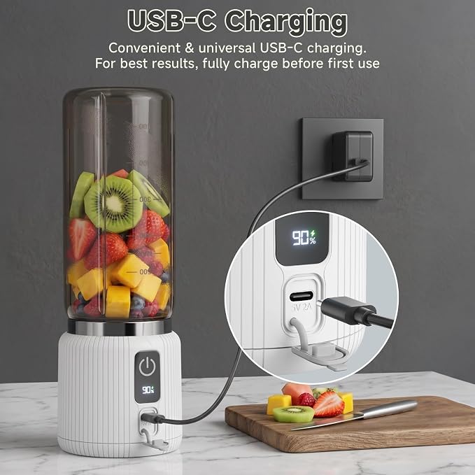 COKUNST Portable Blender, Smoothie Blender with LED Display, 17 oz, White | 8 Blades, LED Display, USB-C Charging, Blender for Smoothie, Shake and Protein, Cordless, Perfect for Home, Travel, Office