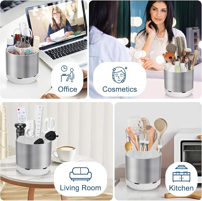 GFWARE Rotating Silver Toothbrush Holder for Bathroom Organizer, Drainage | Detachable 6 Slots Kids Electric Toothbrush and Toothpaste Holder, Bathroom Countertop Sink Storage Caddy