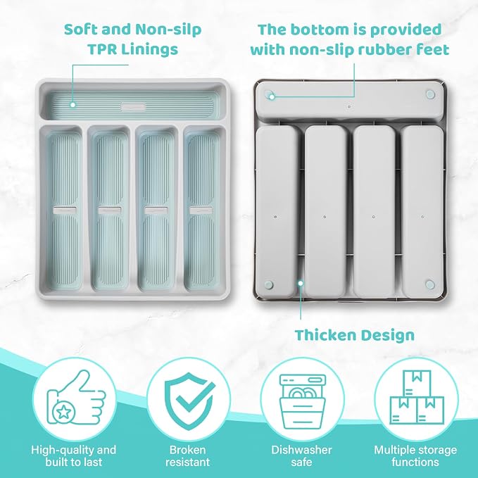 5-Compartment Silverware Organizer Tray with Icons for Kitchen Drawer | Non-slip TPR Linings，5-Compartment，High-quality Plastic，Fits Well In Standard Drawers，With Cutlery Icons