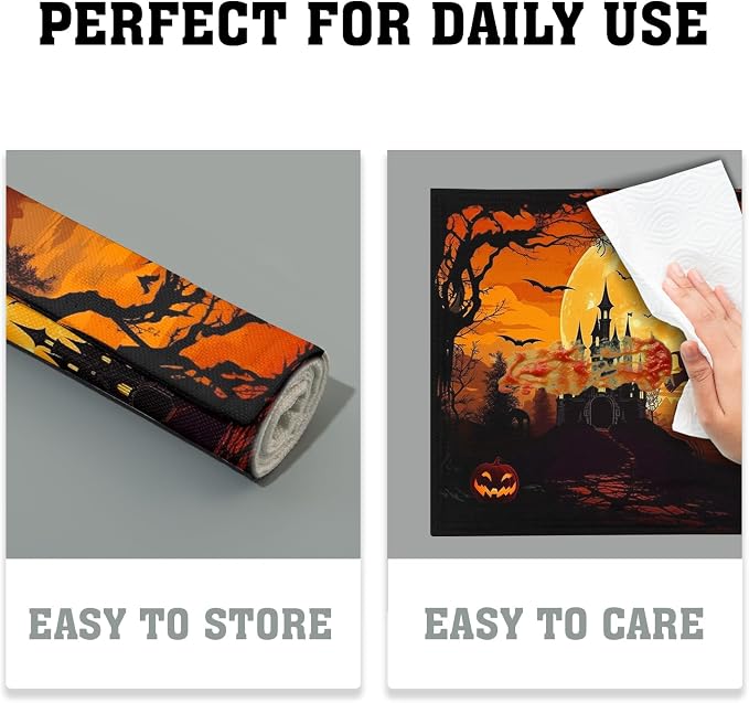 Halloween Witch Placemats Set of 6 18x12 Inch Bat Castle Pumpkin Linen Place Mats Heat-Resistant Washable Wipeable Holiday Table Mat for Party Kitchen Dining Room Dinner Table Decor