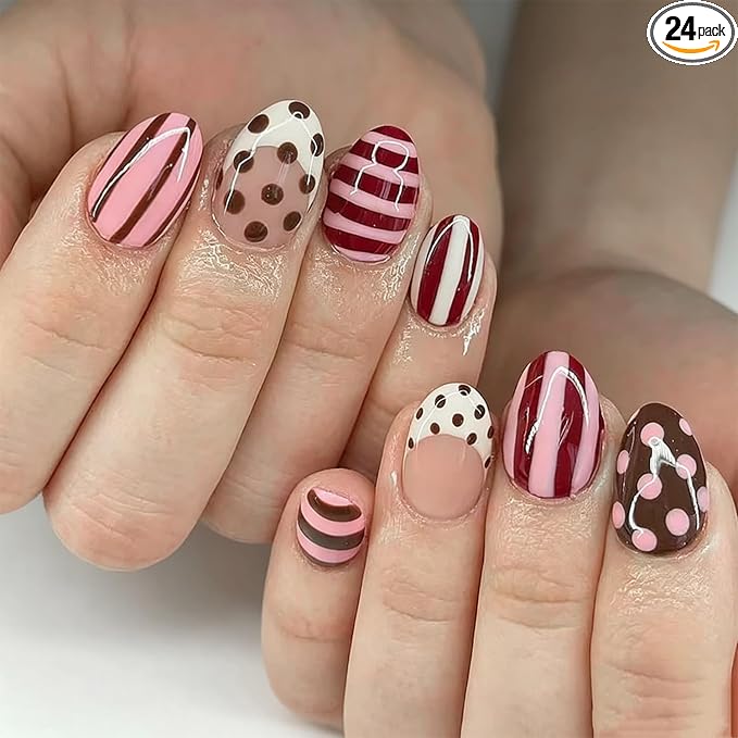 Short Almond Press On Nails French Fake Nails With Stripe Polka Dot Designs | Brown Pink Stripe False Nails Acrylic Nails Press Ons Glossy Stick On Nail Reusable Glue On Nail For Women 24Pcs